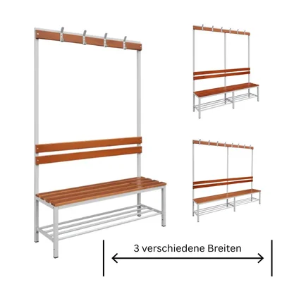Freistehende Sitzbankgarderobe mit Buchenholzleisten, Rückenlehne und Garderobenhaken, Frontansicht