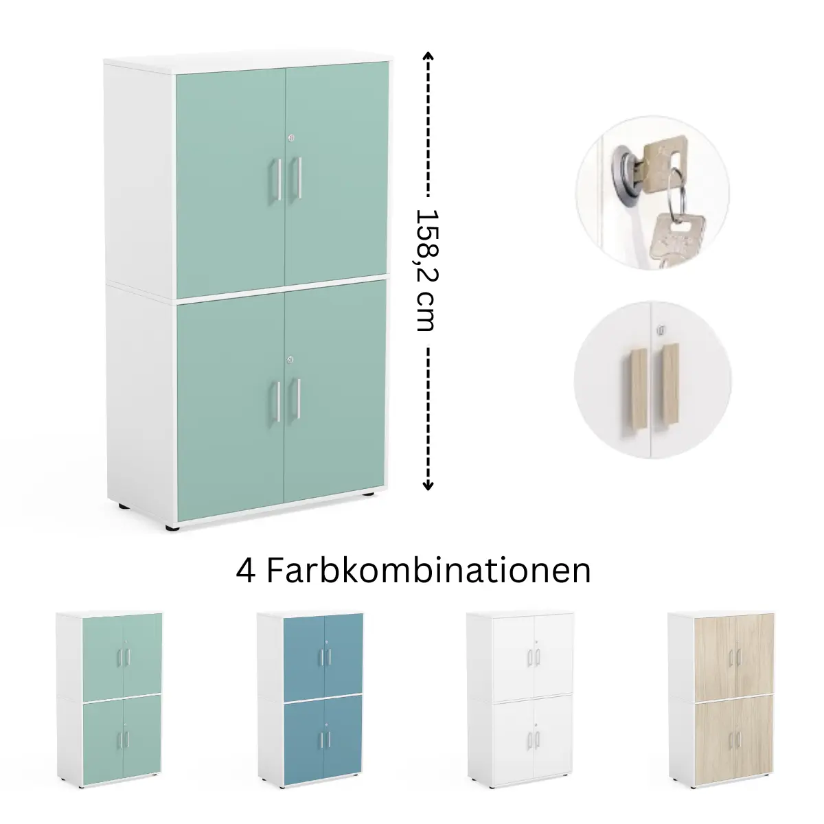 Flügeltürenschrank mit 4 abschließbaren Türen in verschiedenen Farben für Schulen und Büro