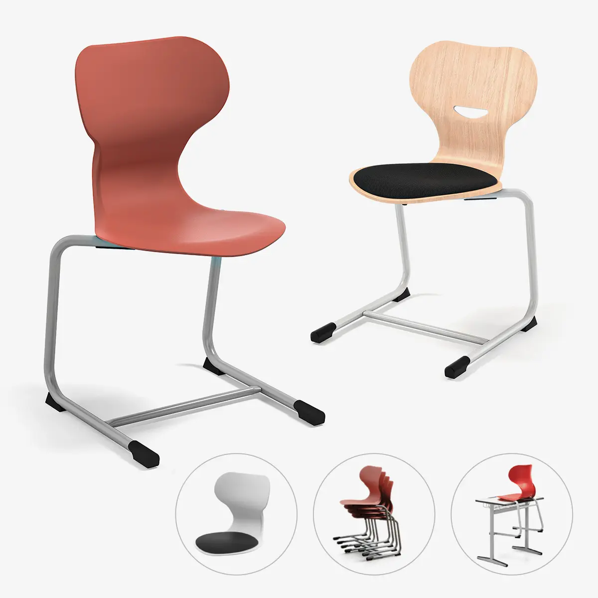 Freischwinger Stuhl für Schule und Büro mit Kunststoff oder Holzschale