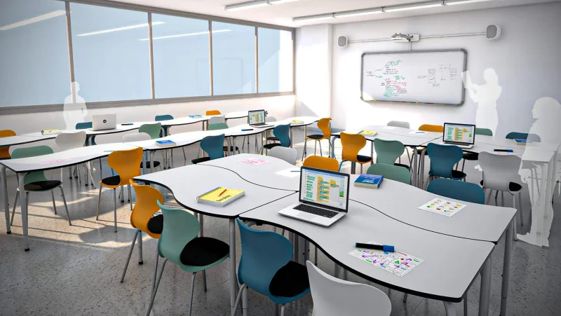 Höhenverstellbarer Zweiertisch in Wellenform im Grundschul-Klassenzimmer