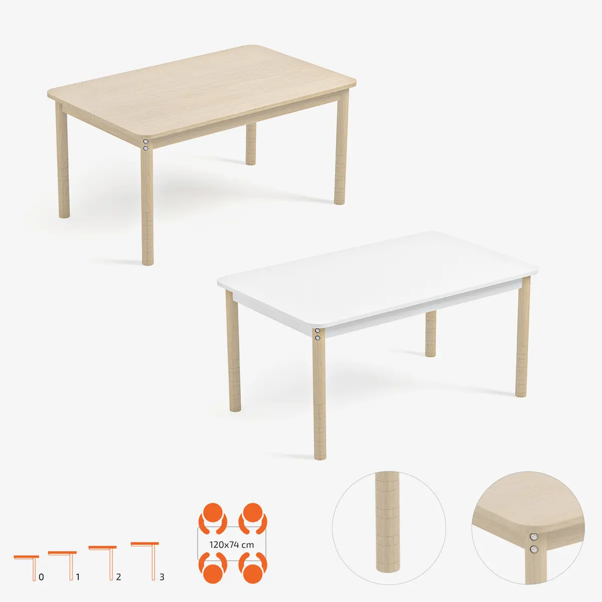 Kindertisch zum spielen und arbeiten für Schulen und Kita mit Holzplatte oder weißer Tischplatte