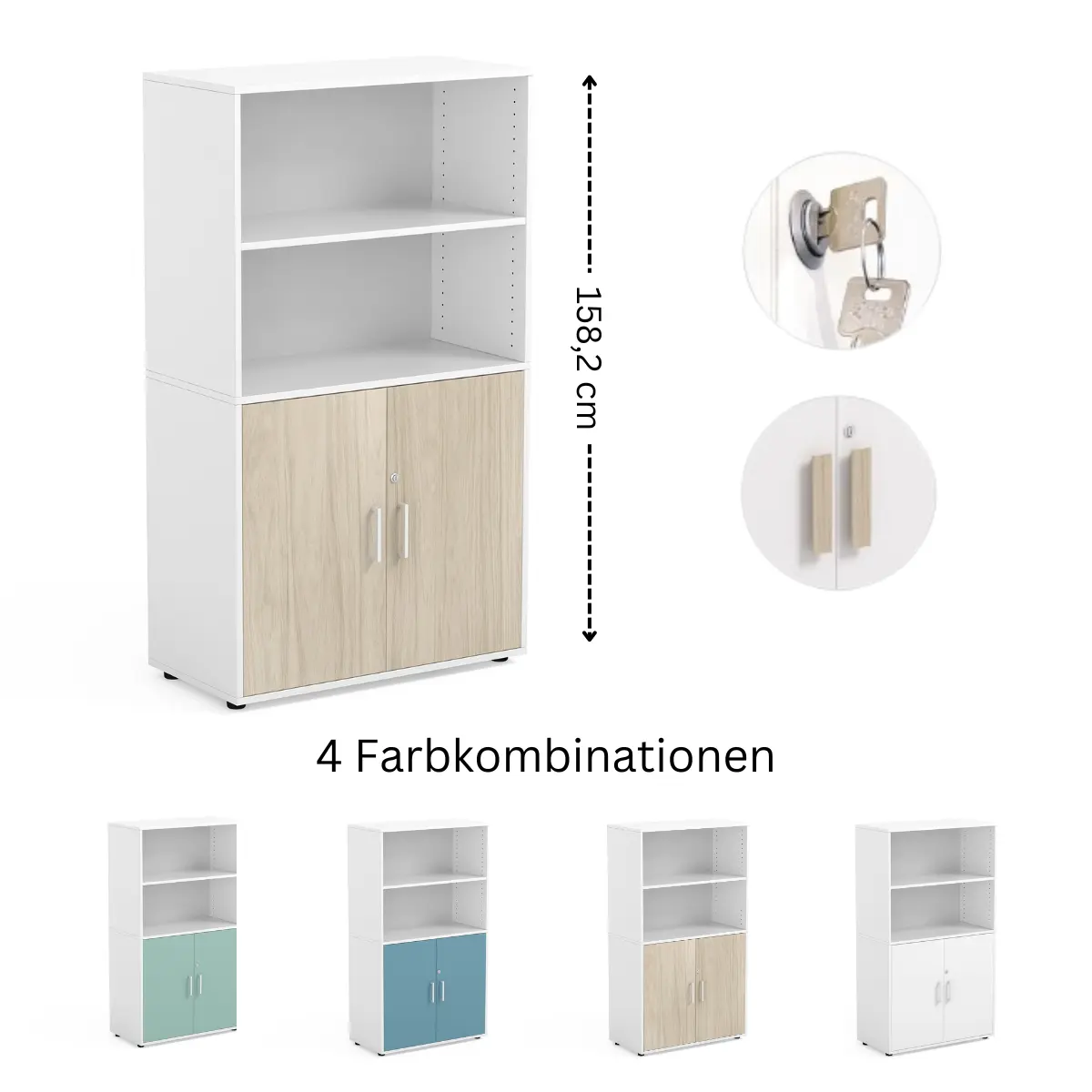 Klassenzimmerschrank 160 cm mit offenen Fächern und Flügeltüren
