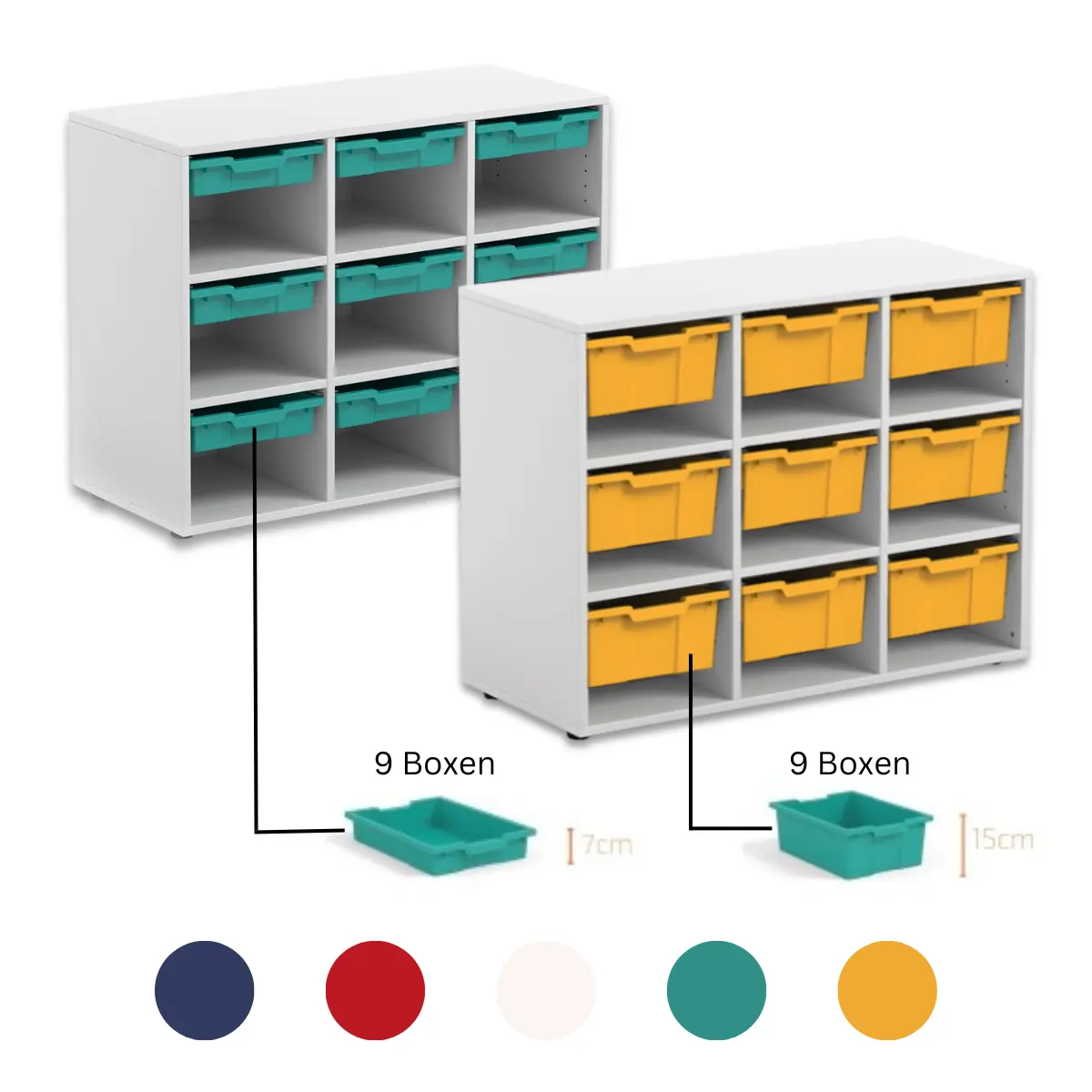 Materialcontainer mit 9 Kunststoffboxen für Büro und Schule