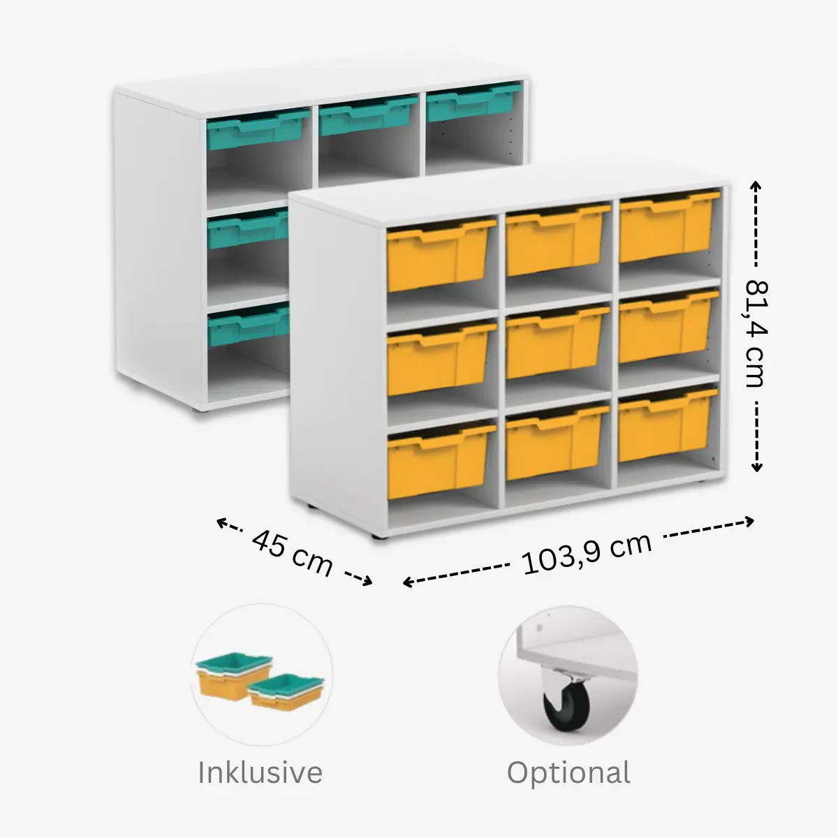 Materialcontainer mit 9 Kunststoffboxen in verschiedenen Farben für Büro und Schule