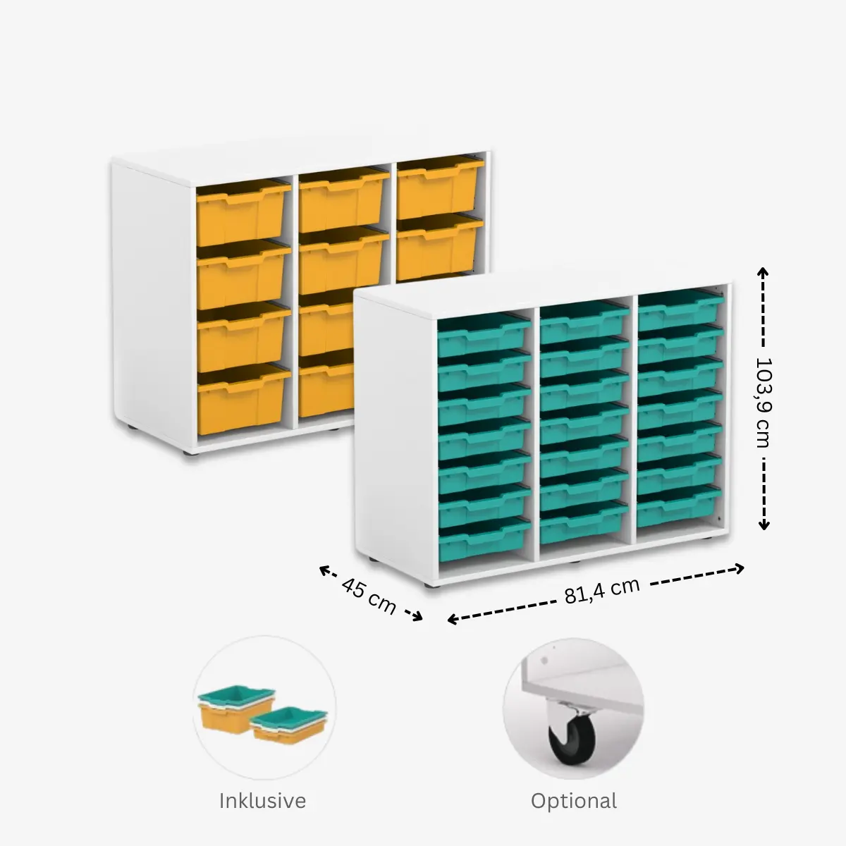 Materialschrank für Klassenzimmer mit 12 Kunststoffboxen in verschiedenen Farben