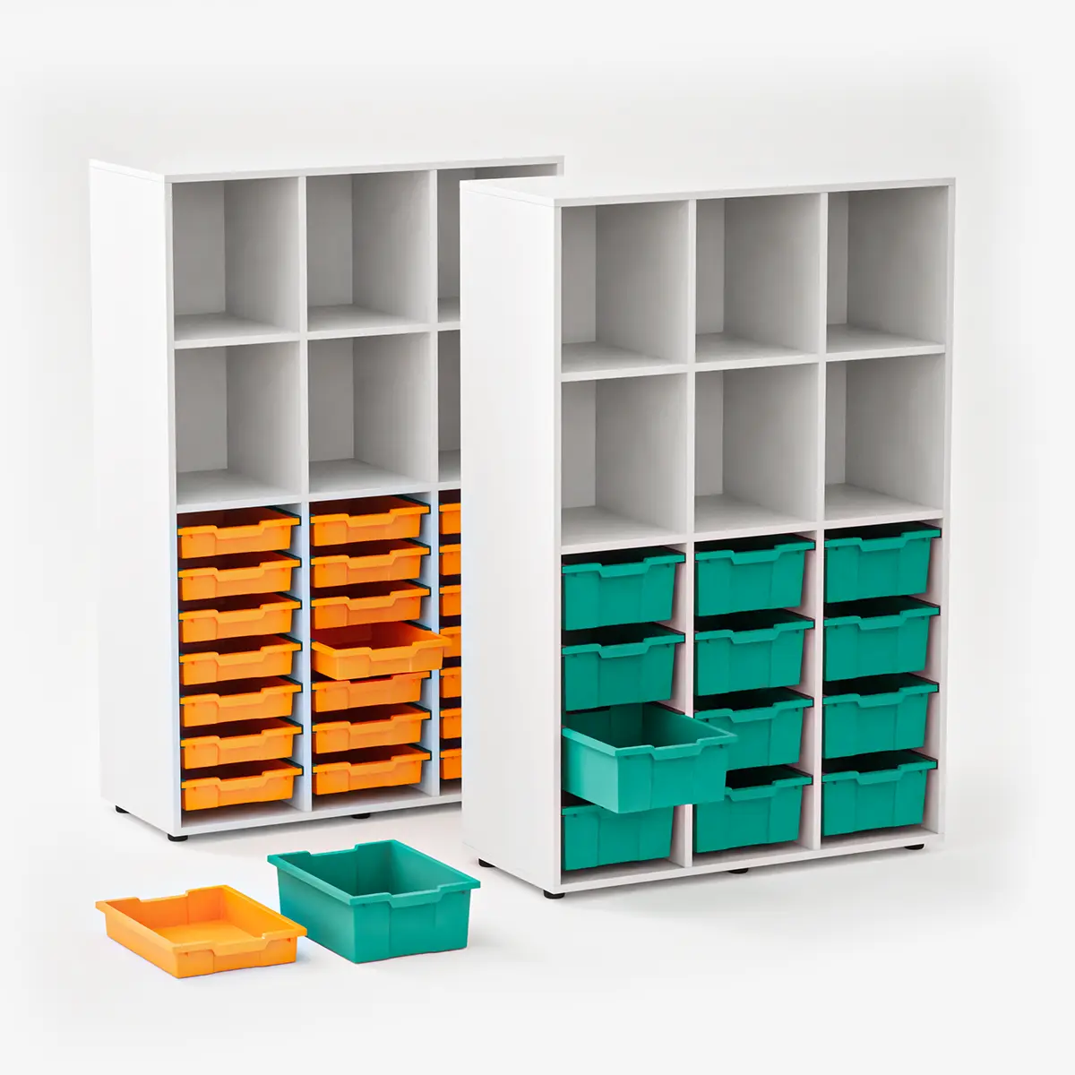 Materialschrank für Klassenzimmer mit 12 oder 21 farbigen Boxen im Vergleich