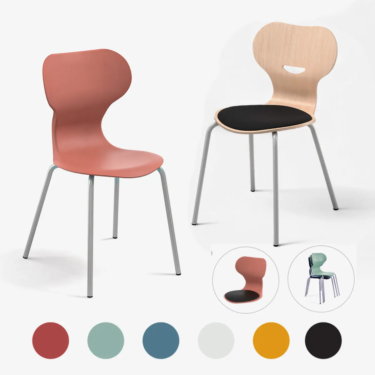 Mehrzweckstuhl für Schule, Kita, Büro stapelbar mit Kunststoff- oder Holz Sitzschale