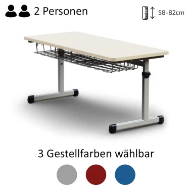 Schüler-Zweiertisch | Höhenverstellbar 58-82 cm - EN 1729 zertifiziert - 130x55 cm Arbeitsfläche - 2 Jahre Garantie