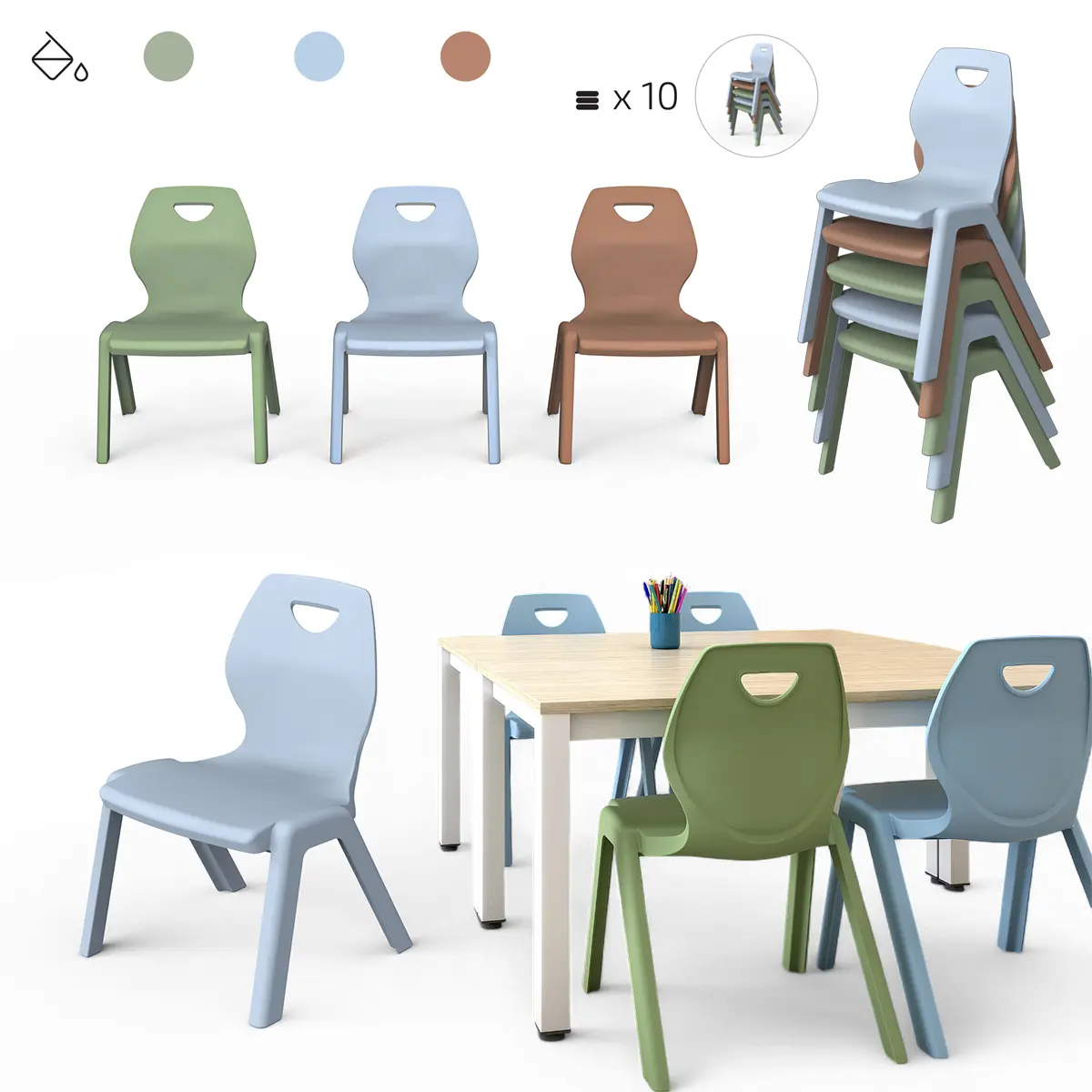 Schul-Kinderstuhl stapelbar - 3 Farben