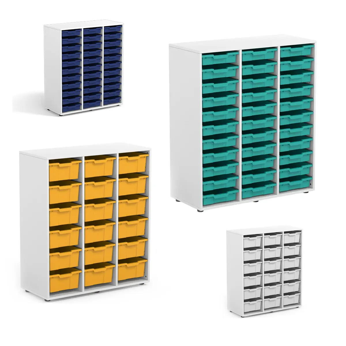 Schulmaterialschrank mit verschiedenen Kunststoffboxen