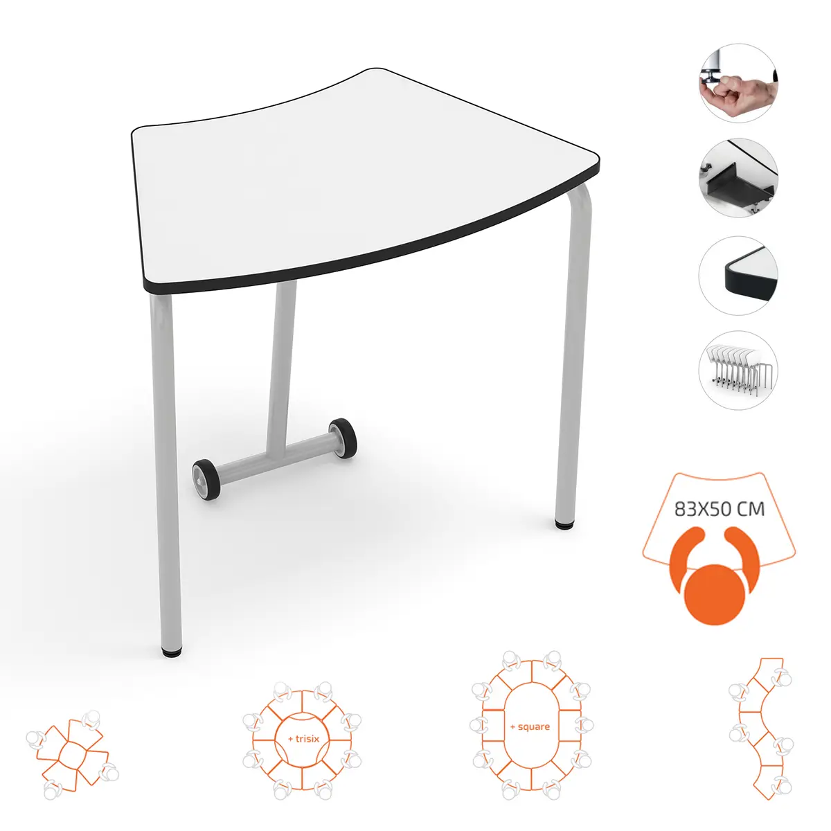 Trapezförmiger Schultisch mit Aluminium-Gestell