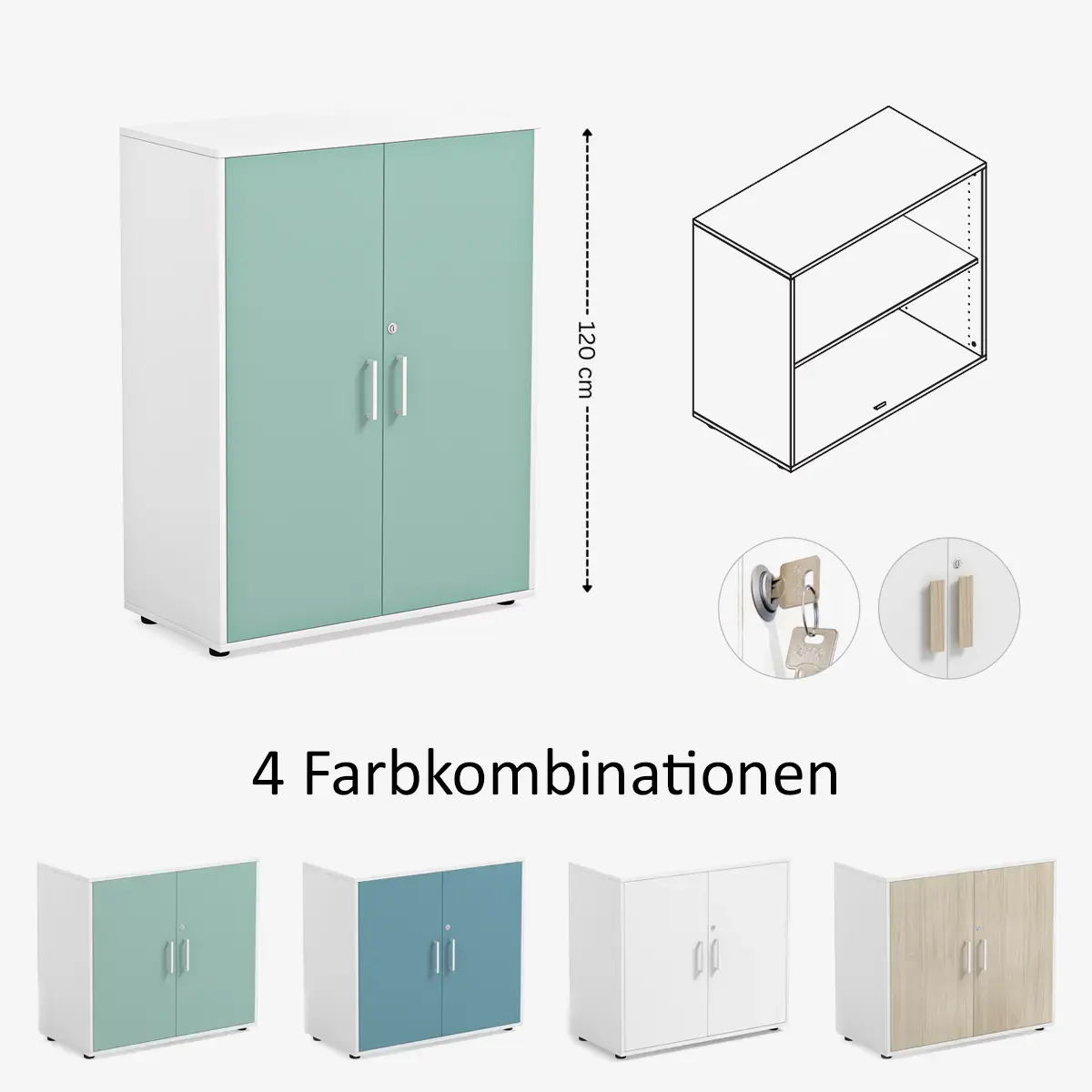 abschließbarer Flügeltürenschrank mit Einlageboden in verschiedenen Farben