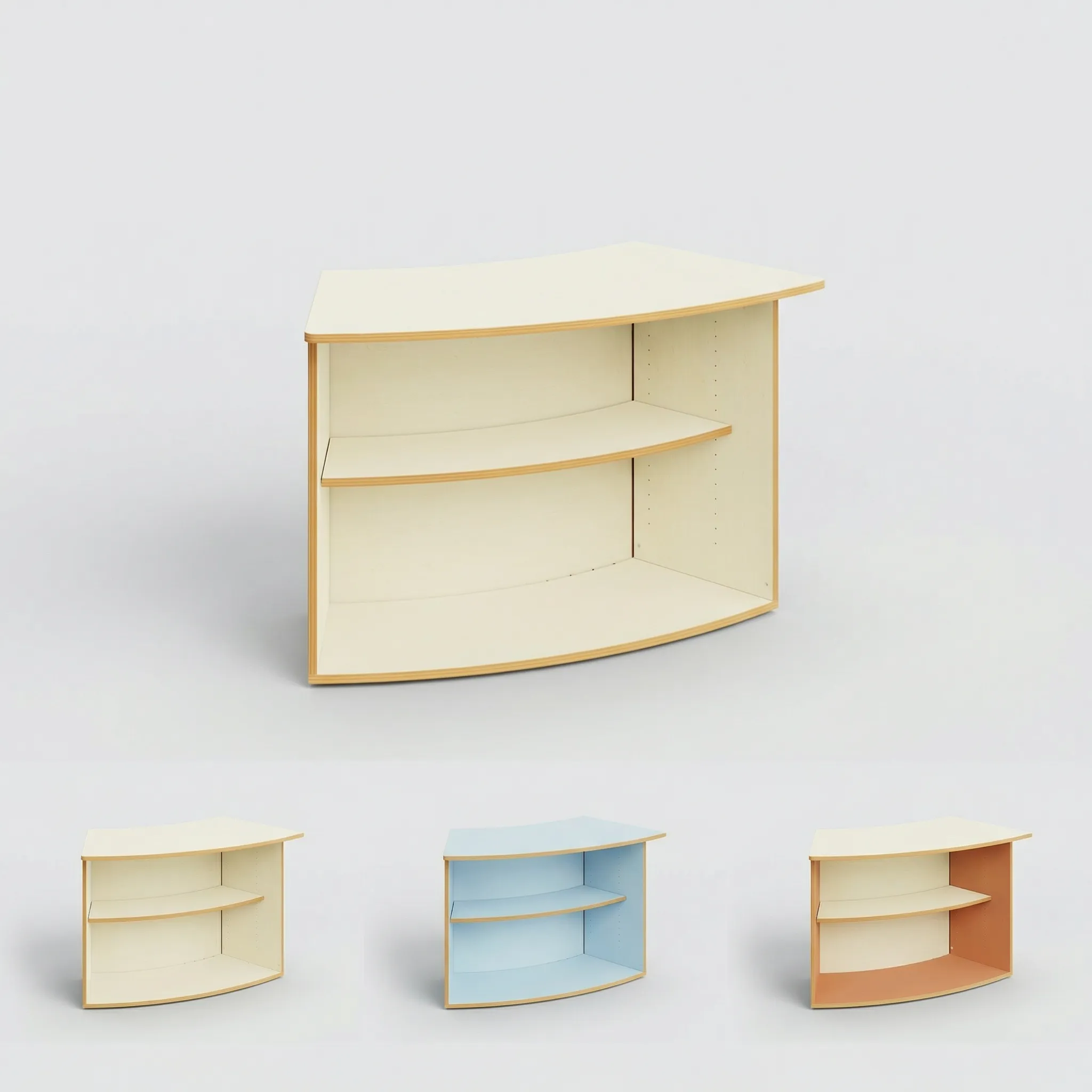 Flaches gebogenes Eckregal in allen drei Farbvarianten: Ahorn Hell, Hellblau und Helles Terrakotta – melaminbeschichtete MDF mit Sperrholzoptik-Kanten