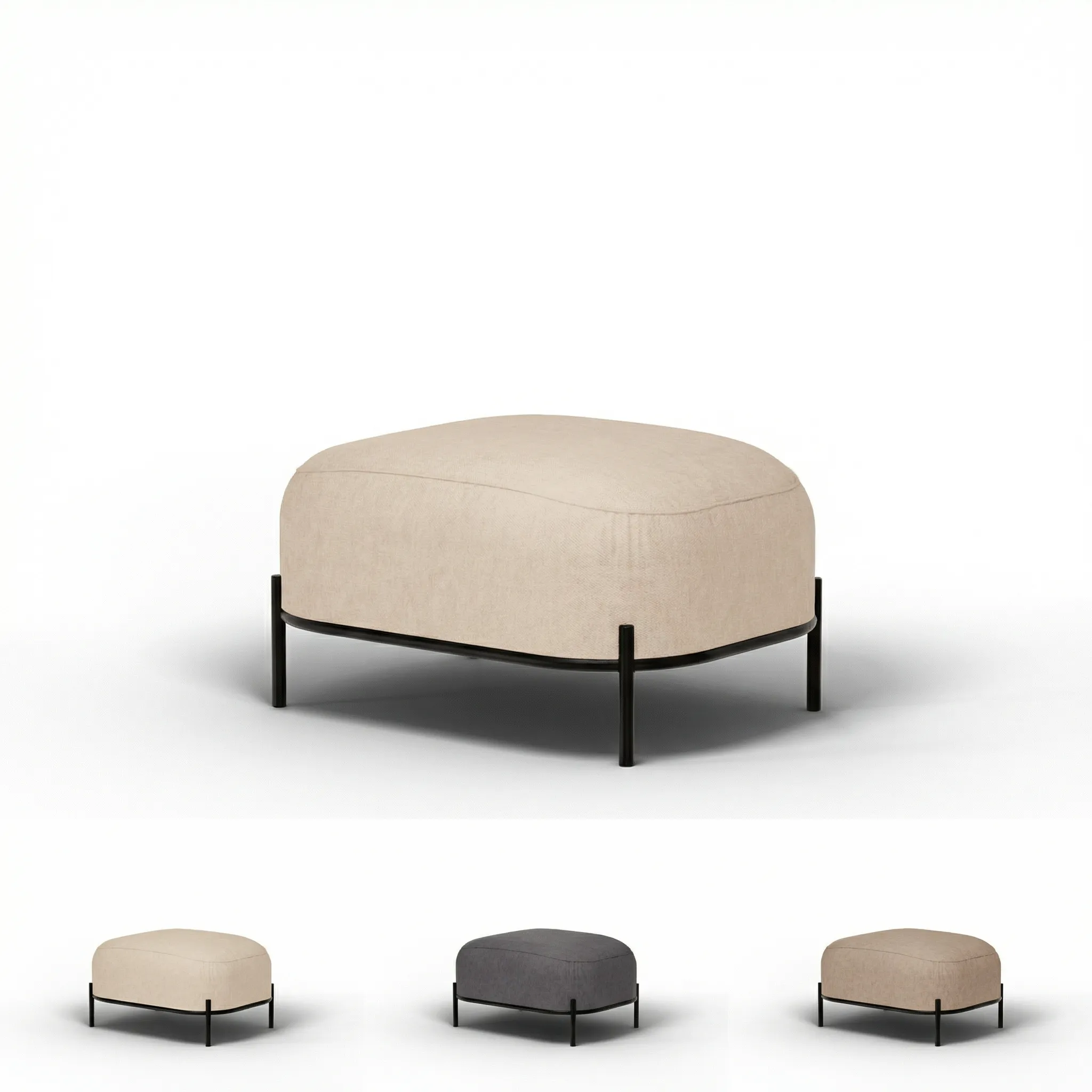 Gepolsterter Loungehocker mit schwarzem Metallrohrgestell in drei Ansichten: zweimal Beige und einmal Anthrazit