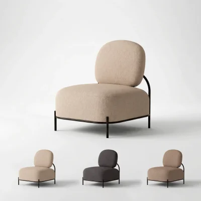 Gepolsterter Loungesessel ohne Armlehnen mit schwarzem Metallrohrgestell in drei Farben: Beige, Hellbraun und Anthrazit