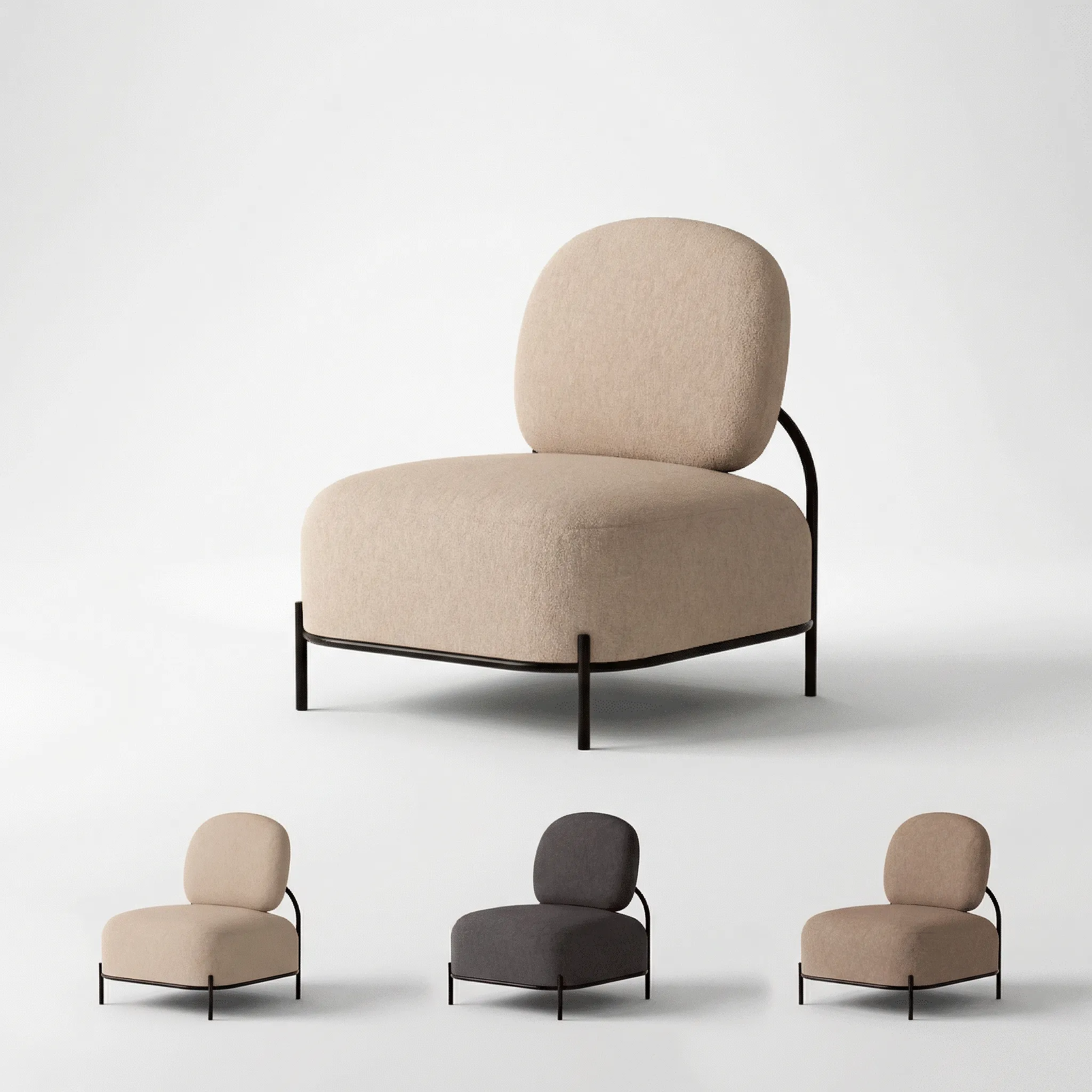 Gepolsterter Loungesessel ohne Armlehnen mit schwarzem Metallrohrgestell in drei Farben: Beige, Hellbraun und Anthrazit