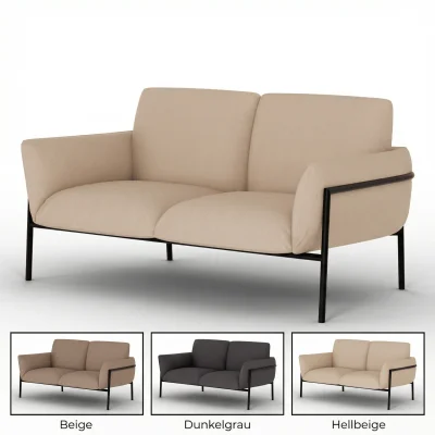 2-Sitzer-Loungesofa mit Armlehnen und schwarzem Metallgestell in drei Farben: Beige, Dunkelgrau und Hellbeige
