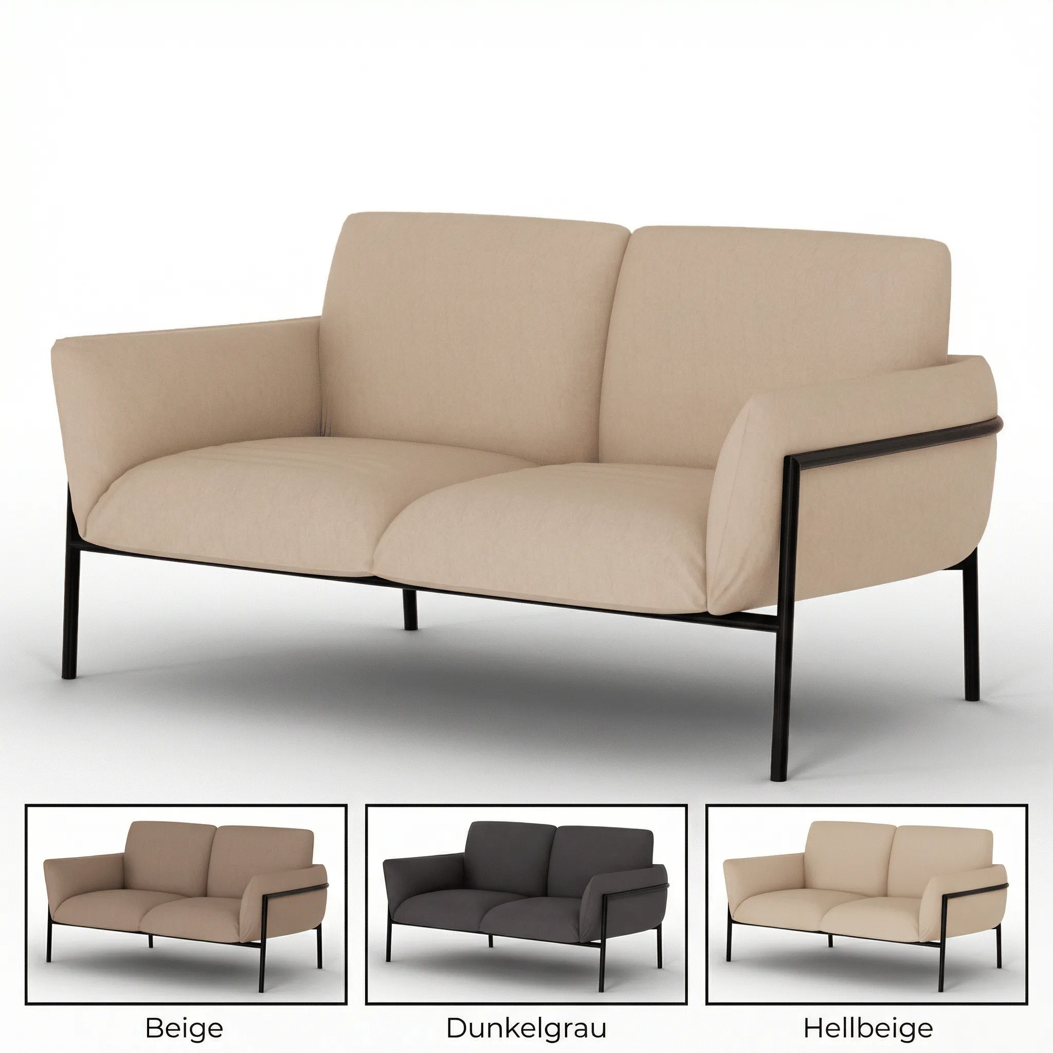 2-Sitzer-Loungesofa mit Armlehnen und schwarzem Metallgestell in drei Farben: Beige, Dunkelgrau und Hellbeige