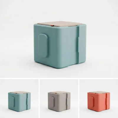 Modularer Sitzwürfel mit gepolstertem Sitzkissen in drei Farben: Blaugrau, Warmgrau und Korallrosa, aus recyceltem HDPE-Kunststoff