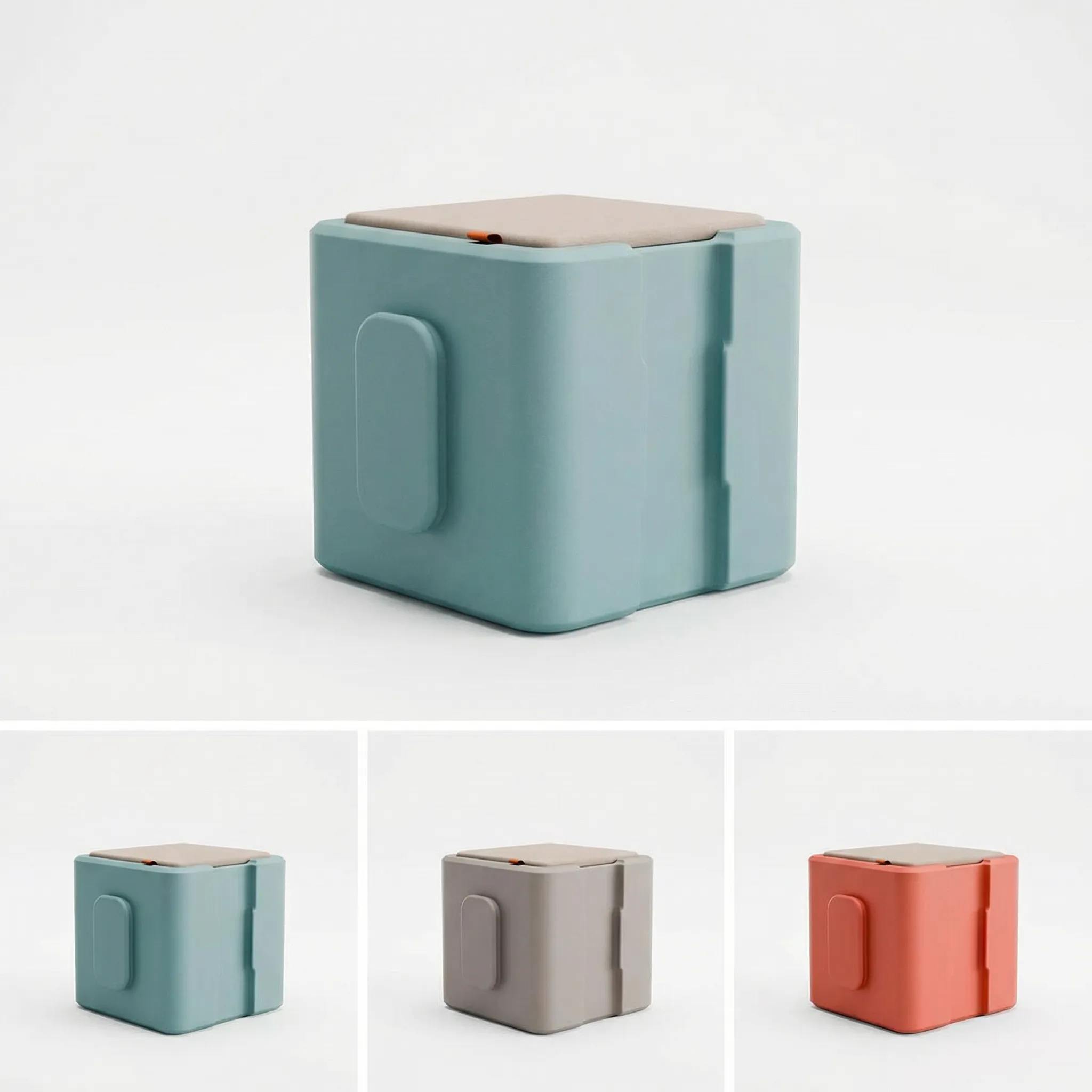 Modularer Sitzwürfel mit gepolstertem Sitzkissen in drei Farben: Blaugrau, Warmgrau und Korallrosa, aus recyceltem HDPE-Kunststoff