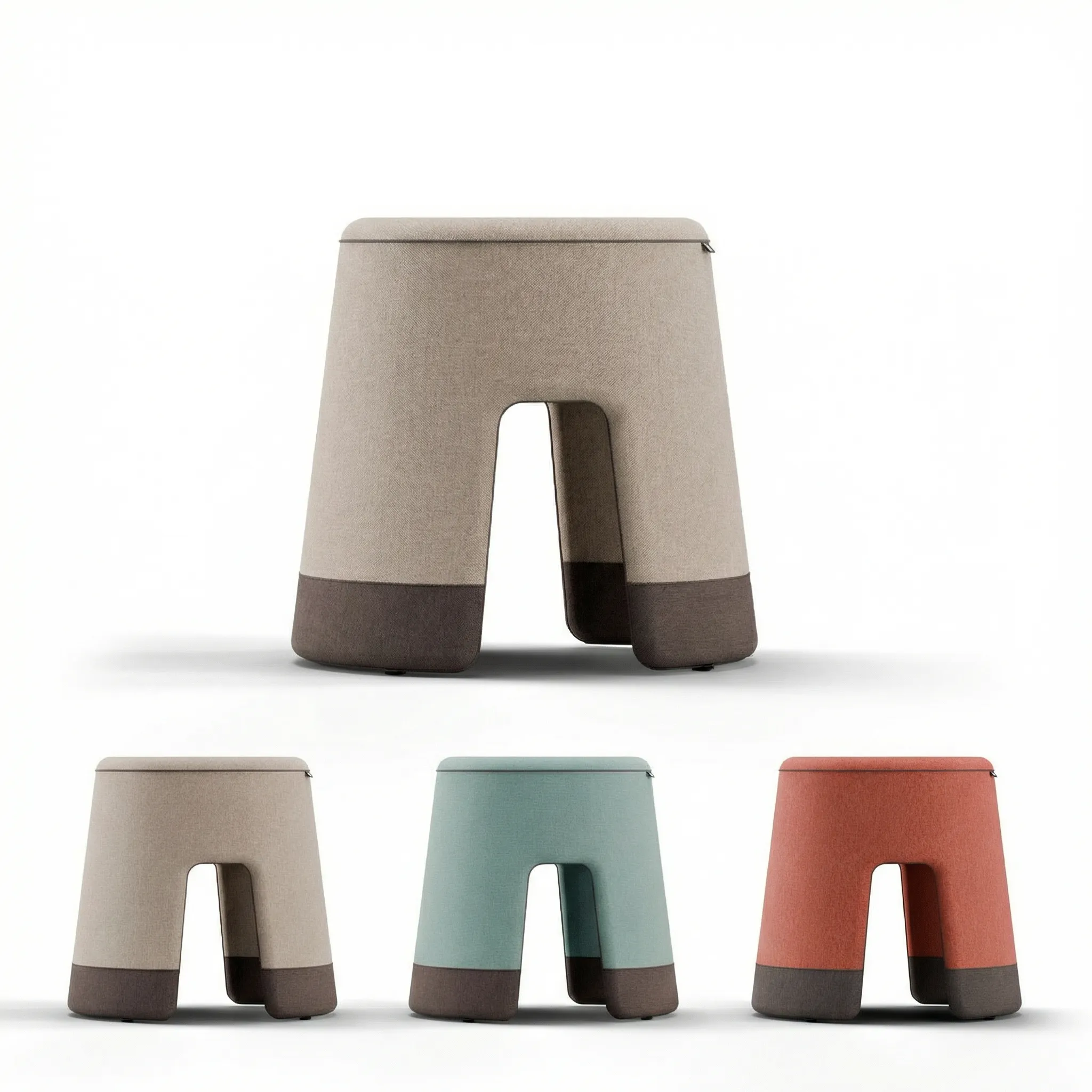Gepolsterter Modulhocker mit Grifföffnung in drei Farben: Wüstensand, Salbei und Ziegelrot, jeweils mit dunkelbraunem Fußsaum