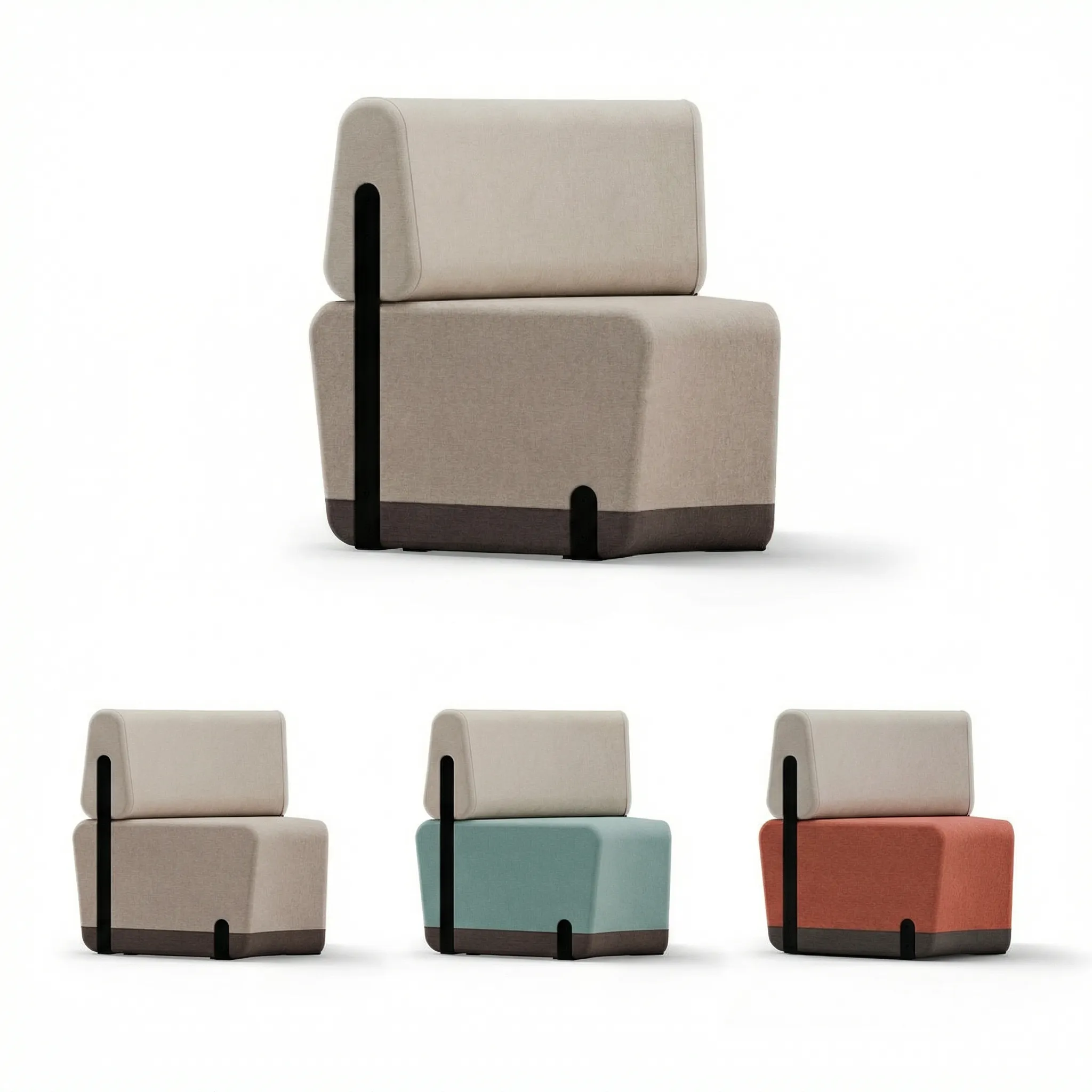 Geschwungenes Modulsofa-Komplett-Set mit Rückenlehne und Akustik-Trennwänden in drei Farbkombinationen: Beige mit Hellbraun, Hellblau mit Beige und Korallrosa mit Beige