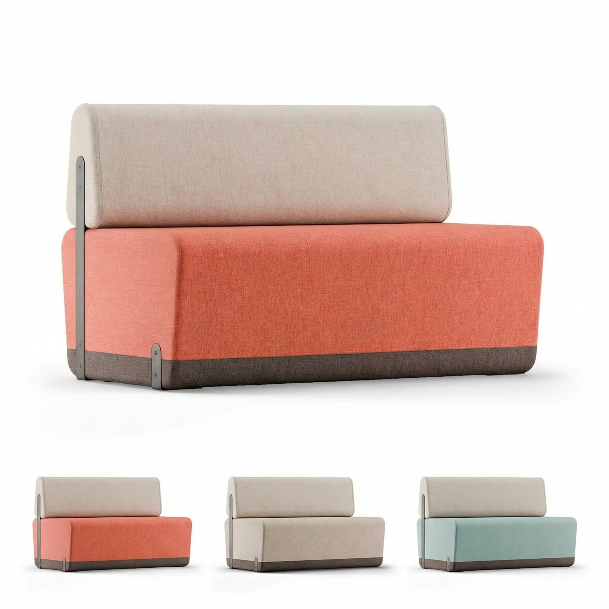 Modulsofa-Komplett-Set mit Rückenlehne in drei Farbkombinationen: Korallrosa mit Beige, Beige mit Hellbraun und Hellblau mit Beige, jeweils mit dunkelbraunem Fußsaum