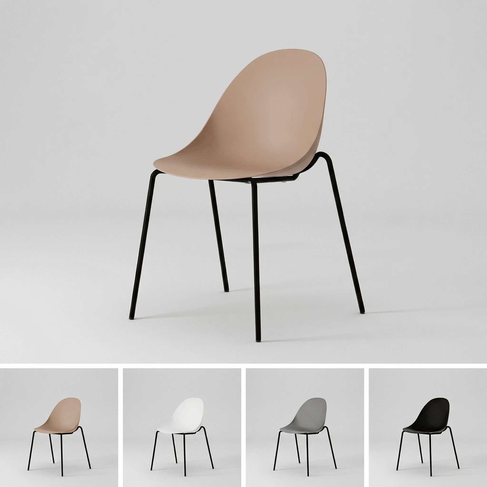 Schalenstuhl mit schwarzem 4-Bein-Gestell in vier Farben: Sandbeige, Weiß, Grau und Schwarz