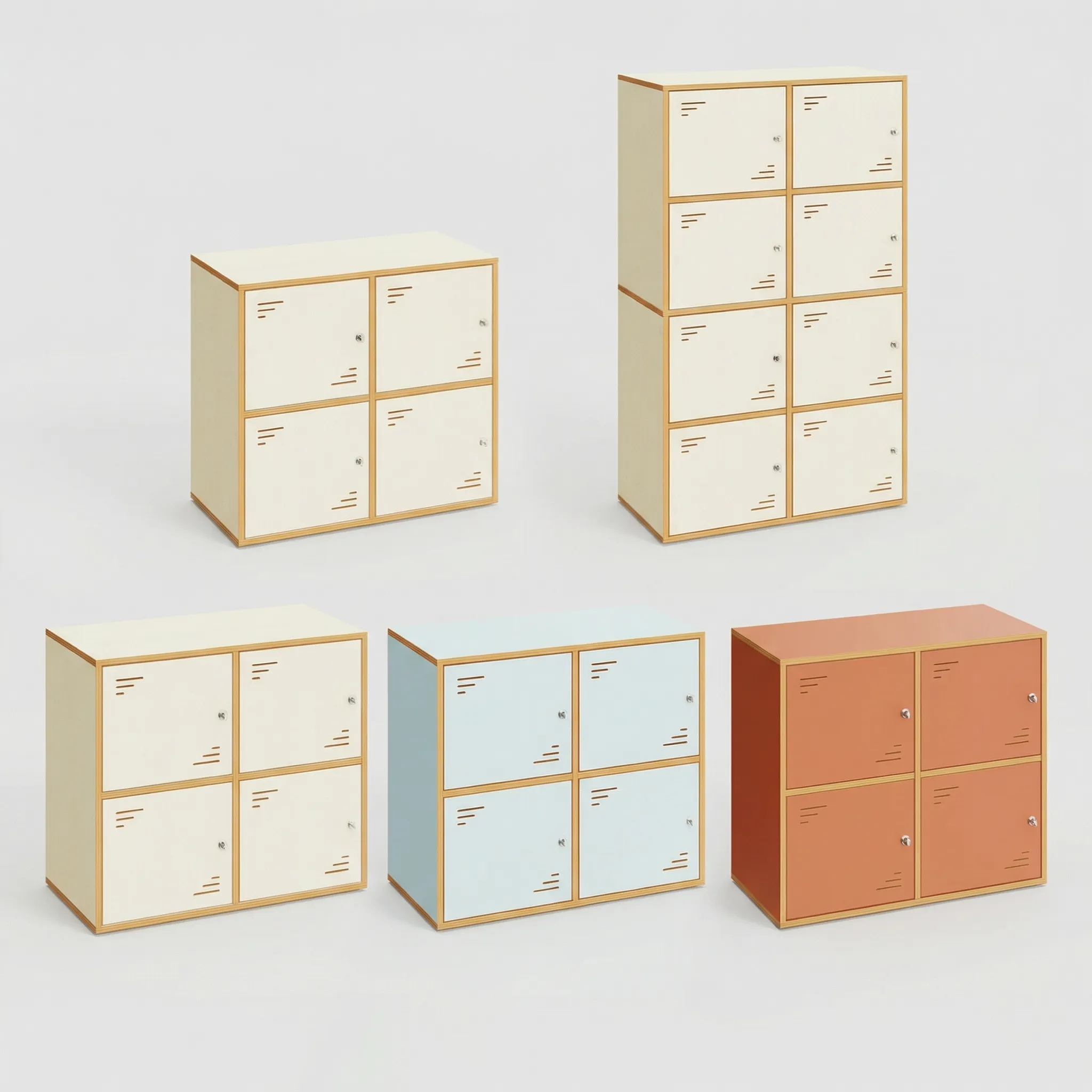 Schließfachschrank in allen Varianten: 4- und 8-Fächer-Modell in Ahorn Hell sowie 4-Fächer-Modell in Hellblau und Helles Terrakotta – mit Sperrholzoptik-Kanten