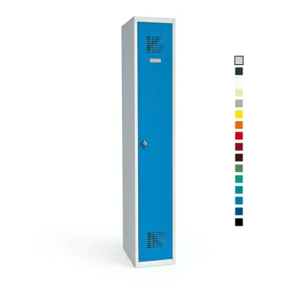 Geschlossener Schulspind 1×1 in Lichtgrau mit blauer Tür, Lüftungsschlitzen und Etikettenrahmen, daneben Farbauswahl der 16 RAL-Farben