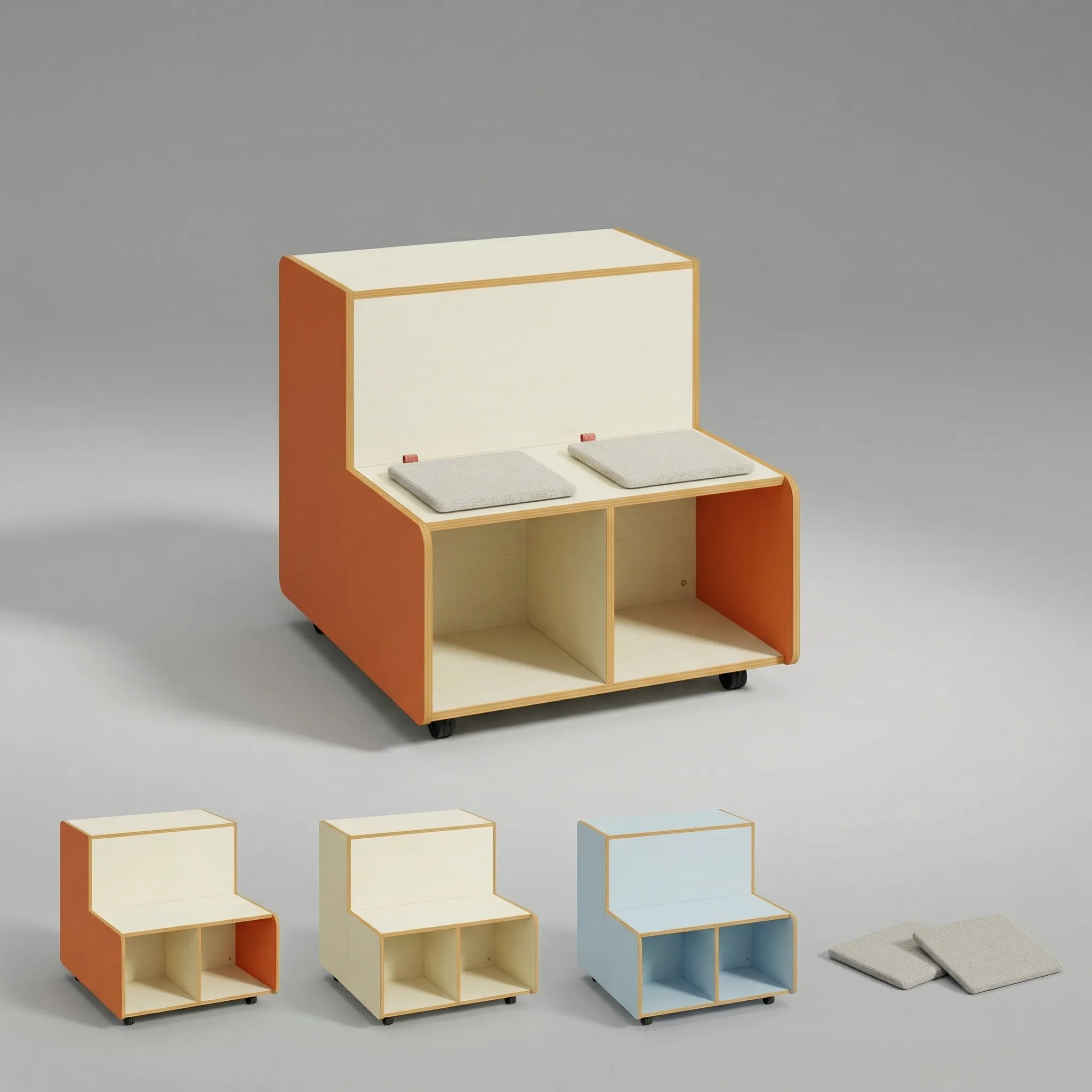 Sitzpodest mit Stauraum in Helles Terrakotta mit optionalen Sitzkissen – darunter alle drei Farbvarianten: Helles Terrakotta, Ahorn Hell und Hellblau