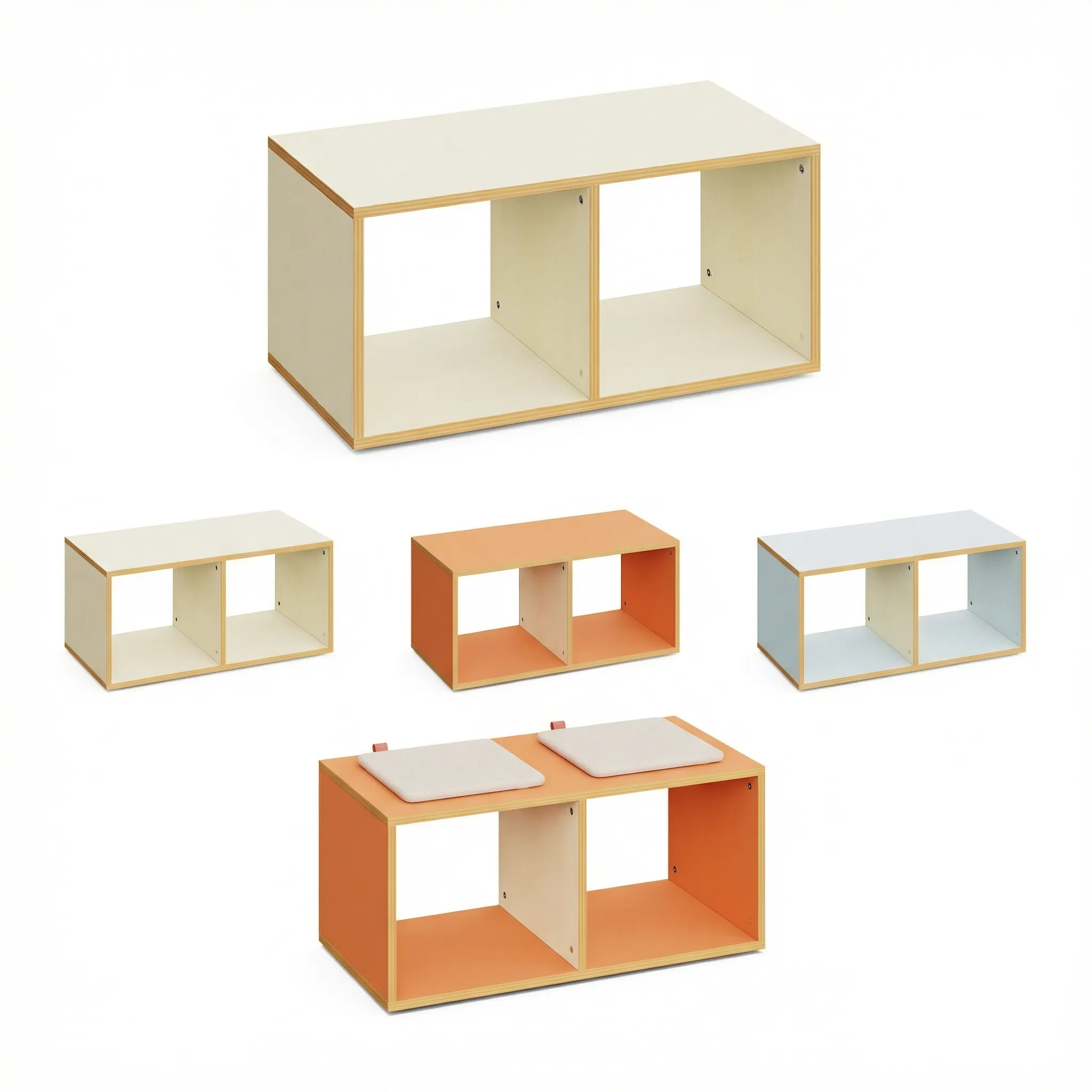 Sitzregal in Ahorn Hell mit zwei offenen Fächern und Sperrholzoptik-Kanten, Maße: 90 cm Breite, 42 cm Höhe, 45 cm Tiefe